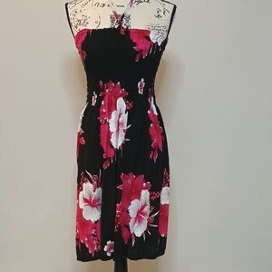 Black and Pink Floral Smocked Strapless  Dress Or Cover Up